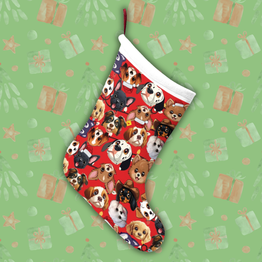 Christmas Stocking - Cute Dog Breeds Pattern on Red Background - Festive Pet Lover Holiday Décor