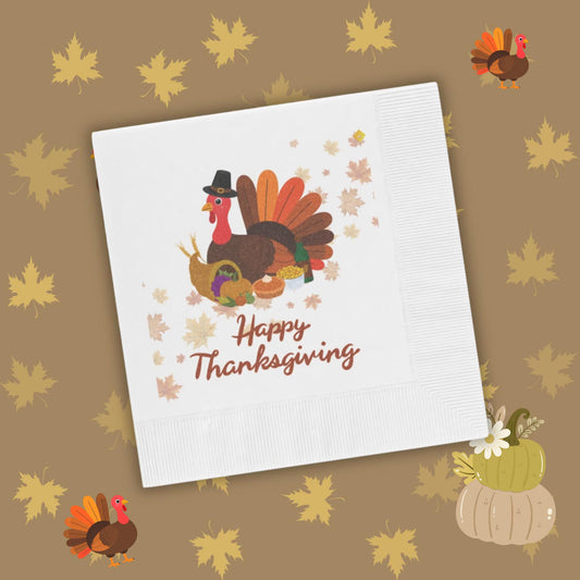 Thanksgiving Napkins - Pumpkin & Fall Leaves Design - Happy Thanksgiving Disposable White Coined Napkins for Dinner Party