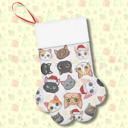 Cat Paw Christmas Stocking - Festive Cat Faces Design - White Paw-Shaped Holiday Stocking for Pet Lovers